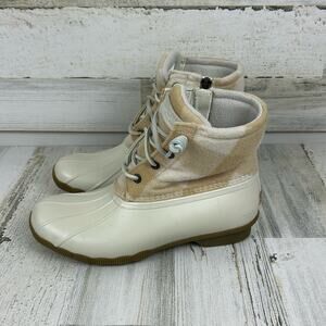 Sperry womens 7.5 saltwater buffalo check duck boot wool shaft ivory